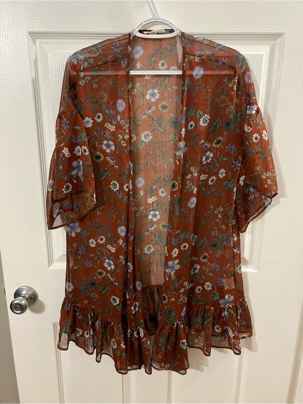 Blu Pepper Floral Sheer Ruffle Hem Kimono in Rust and Blue